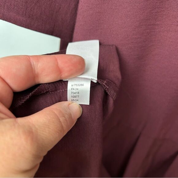 Loft Pleated Waist Midi Dress NO TIE Deep Burgundy Long Sleeve Button Front 12P - Picture 12 of 16